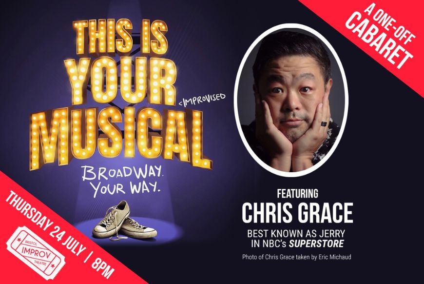 Poster for event, big bold letters 'This is your musical' with man (chris grace) face in an oval frame next to it